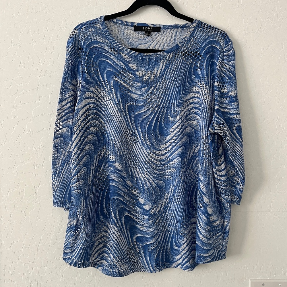 Toni Morgan Blue Swim Cover Open Knit Sheer Top Layering 3/4 Sleeve Large Summer - Picture 1 of 6